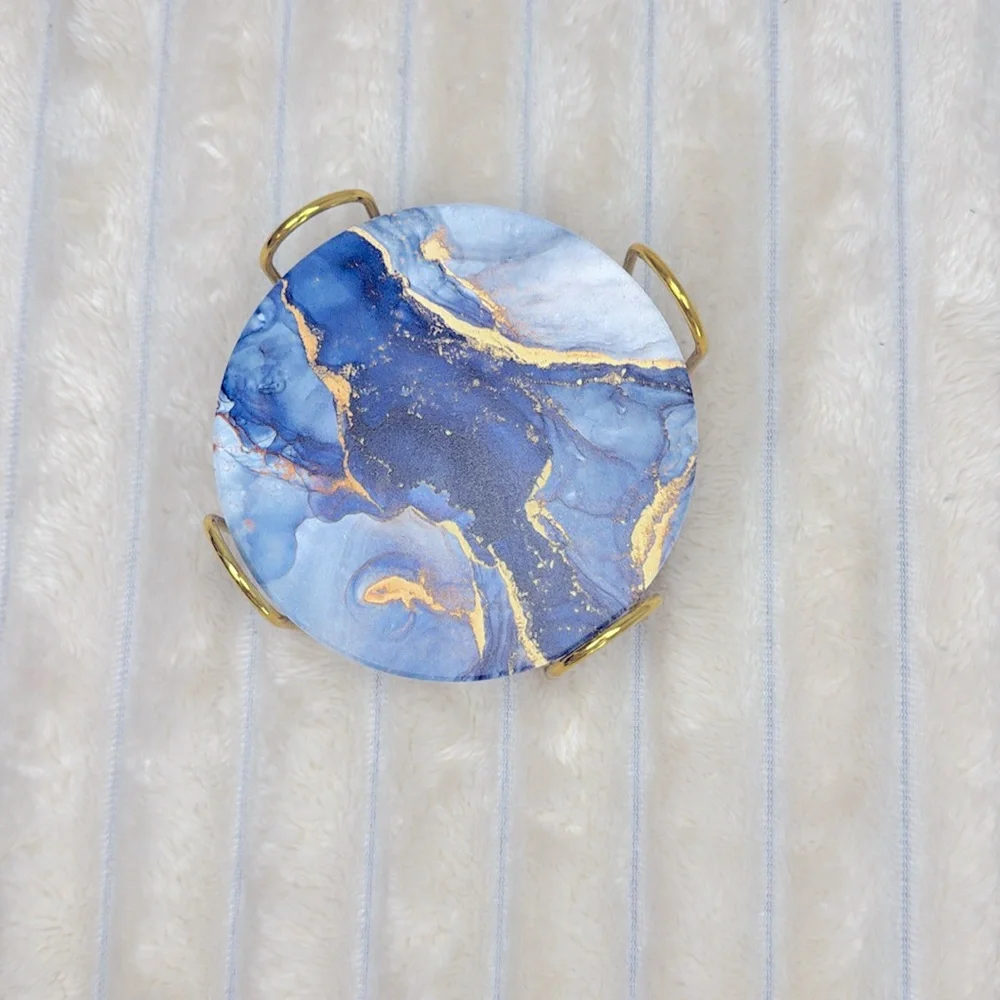 6 Pcs Navy Blue and Gold Marble Abstract Ceramic Coasters with Gold Holder